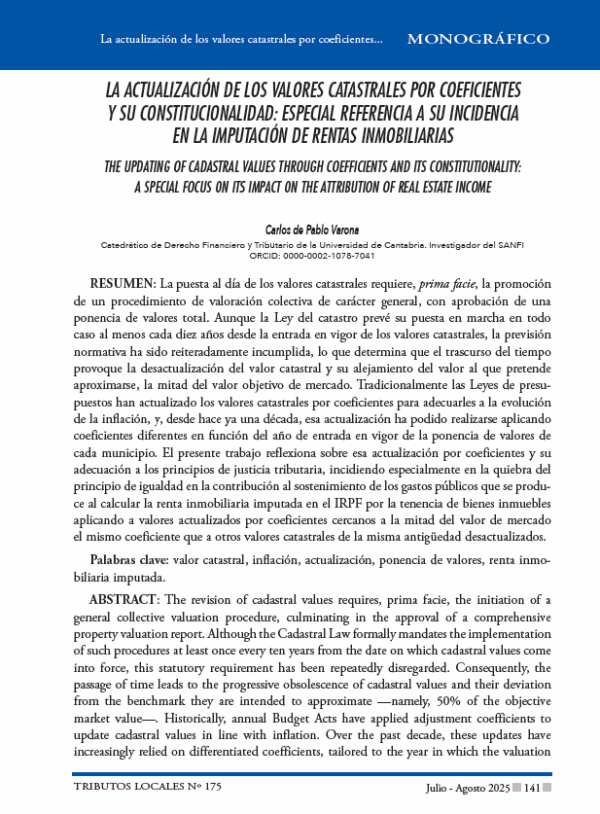 La actualización de los valores catastrales por coeficientes y su constitucionalidad: especial referencia a su incidencia en la imputación de rentas inmobiliarias. Carlos de Pablo Varona.
