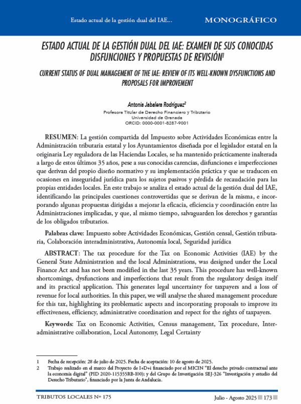 Estado actual de la gestión dual del IAE: examen de sus conocidas disfunciones y propuestas de revisión. Antonia Jabalera Rodríguez.